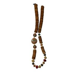 Vintage Wood Beaded Statement Necklace Rainbow Striped Disc Boho '70s